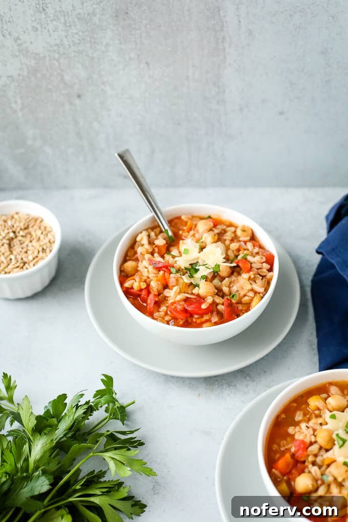 A bowl of chickpea and farro soup with a spoon, highlighting its texture and ingredients.