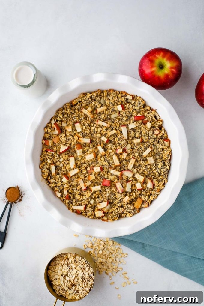 Freshly baked apple cinnamon oatmeal in a baking dish, ready to be served.