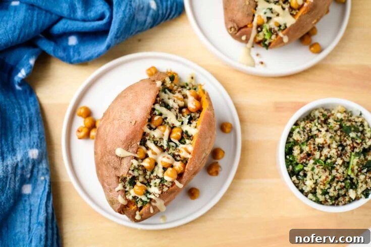 Quinoa Stuffed Sweet Potatoes, a delicious and filling meal that comes together quickly with simple shortcuts.