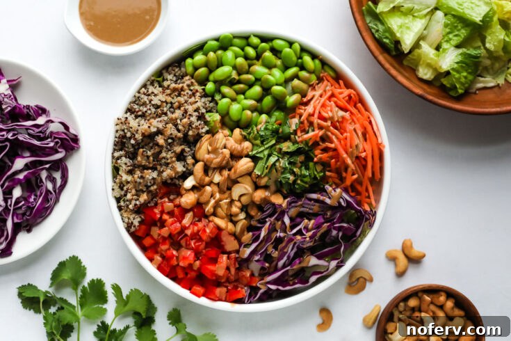 Vegan Quinoa and Edamame Salad with crunchy romaine, red cabbage, shredded carrots, cilantro, and roasted cashews.