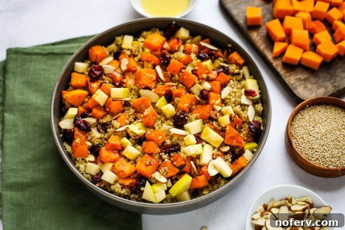 Roasted Butternut Squash and Quinoa Power Bowl 5 A freshly made Butternut Squash and Quinoa Salad in a decorative bowl, ready to serve