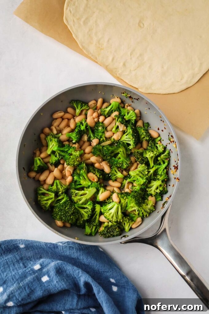 Vibrant Vegan Broccoli Pizza 6 Broccoli florets and cannellini beans cooking in a skillet until broccoli is bright green