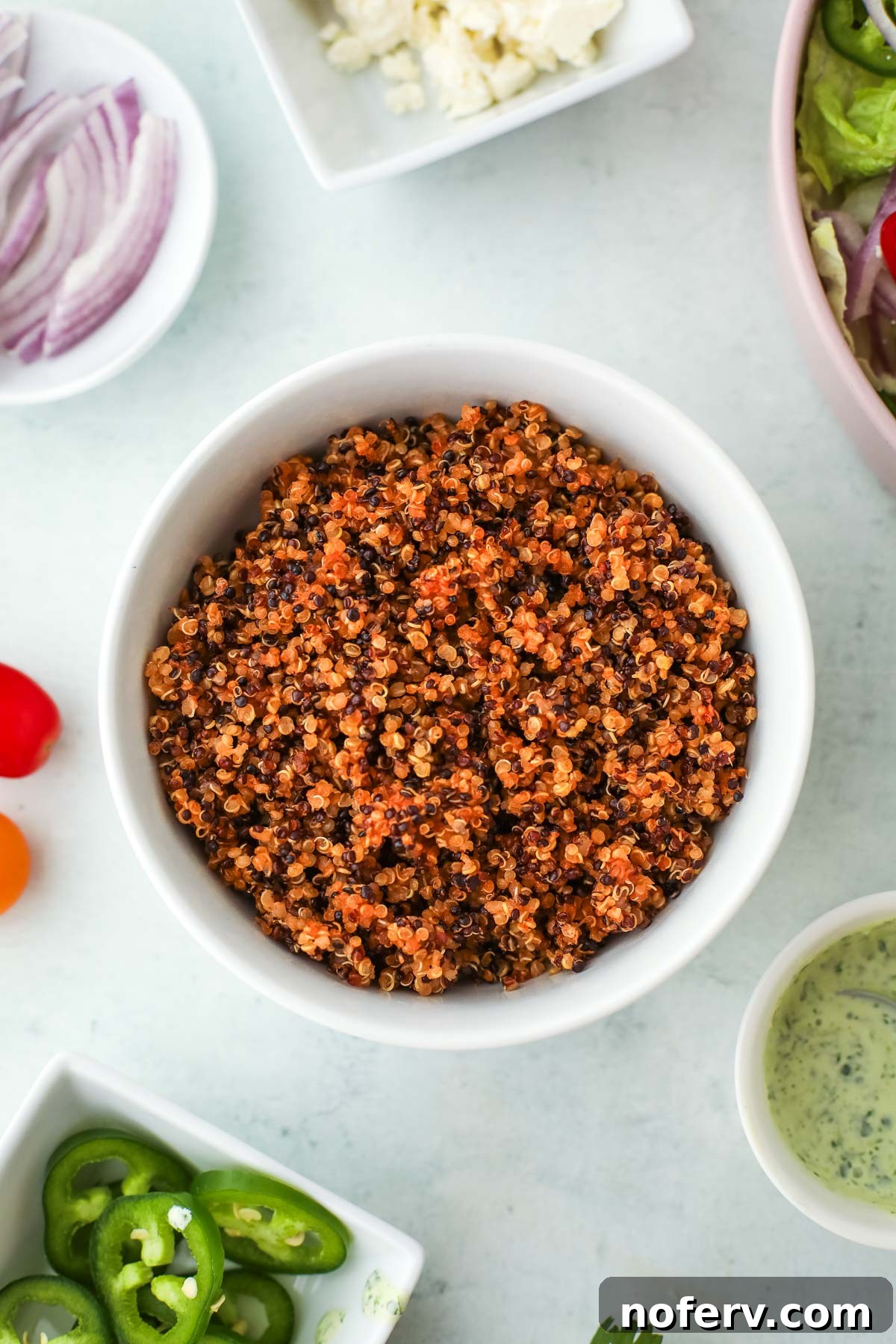 Savory Quinoa Taco Filling 2 Crispy Quinoa Taco Filling ready to be served in a bowl, showing its seasoned, textured appearance.