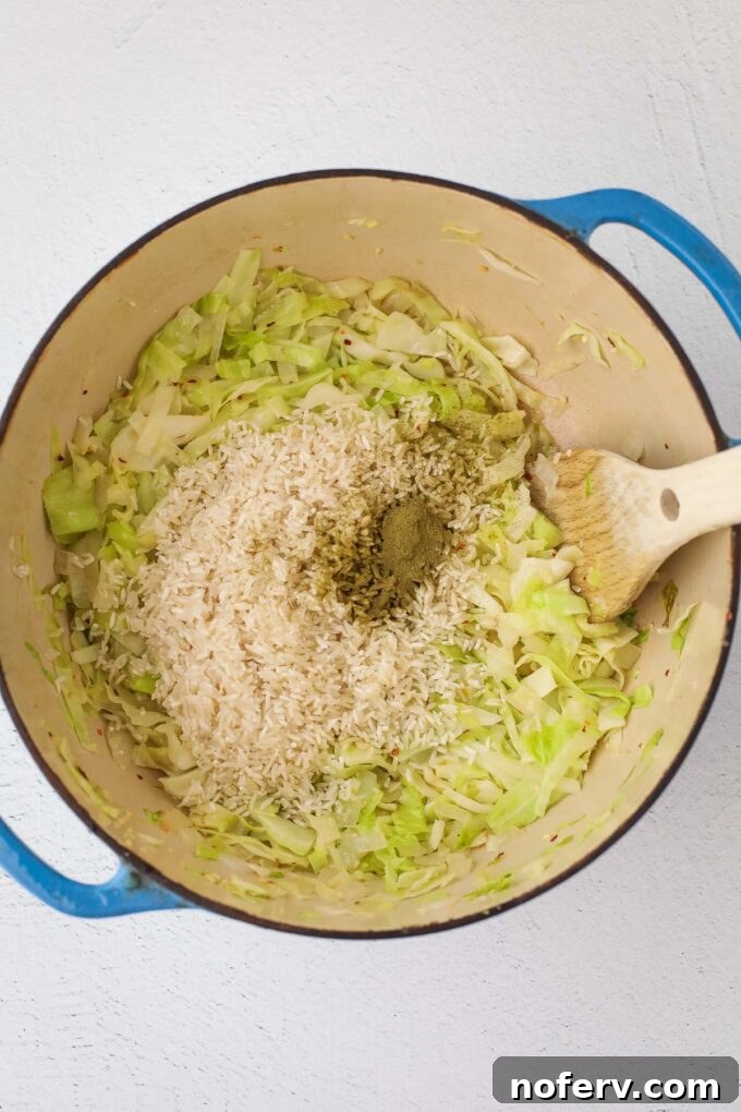 Hearty Cabbage and Rice Soup Recipe 3 Adding broth and rice