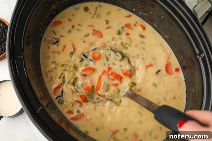 Creamy Slow Cooker Wild Rice Soup Recipe 4 Finished wild rice soup with cream